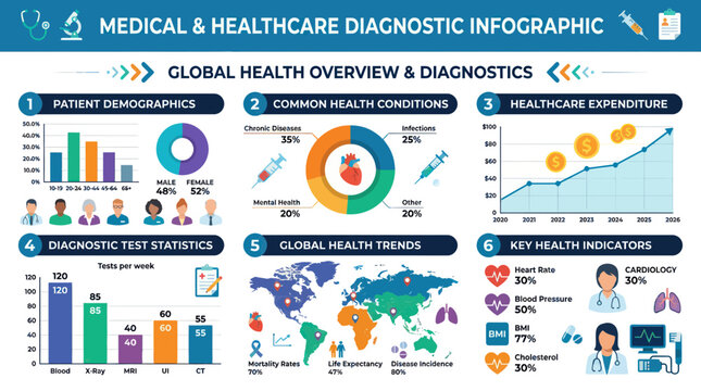Global medical healthcare diagnostic infographic with data charts