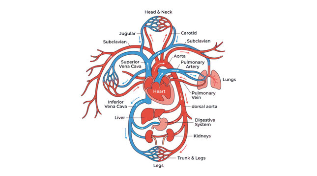 Human circulatory system diagram with heart and major organ vessels