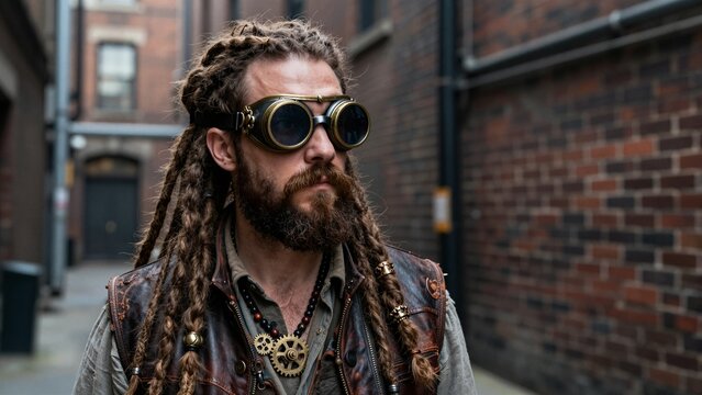 A bearded man with long dreadlocks and steampunk goggles stands in an alleyway.