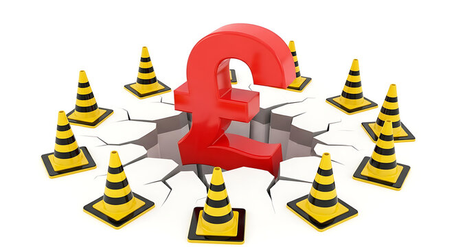 Red pound sterling currency symbol isolated on white background surrounded by traffic cones with sterling currency financial business instability inflation