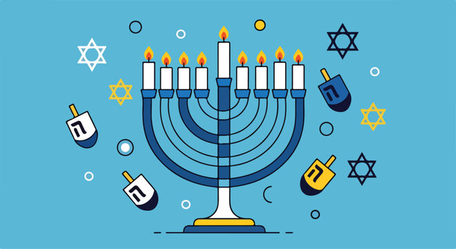 A menorah with lit candles and dreidels