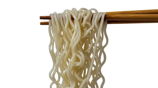 Fresh cooked ramen noodles held with wooden chopsticks for a delicious meal isolated on transparent background