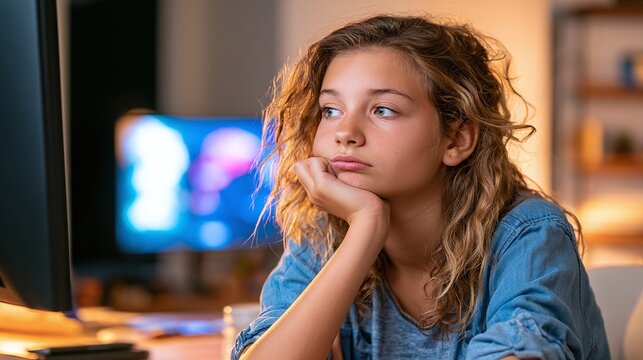 Close-up portrait of a thoughtful preteen girl with a natural curly hairstyle, resting her chin on her hand, looking away from a computer screen in a dimly lit room, conveying boredom and contemplatio