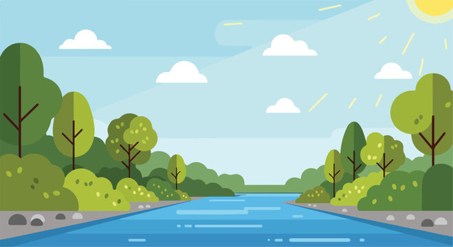 A serene landscape with a river and lush greenery