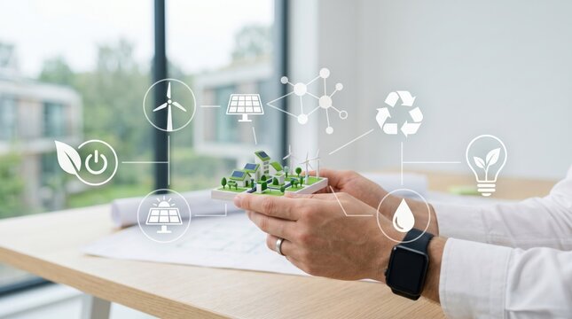 Hands holding miniature eco city model with green energy icons, sustainable architecture and renewable power concept for urban planning