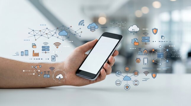 Hand holding smartphone with holographic IoT network icons, cloud computing data security and wireless connection technology concept