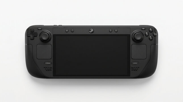 Front view of Steam Deck handheld gaming PC console isolated on white background. Professional top down mockup of portable gaming computer device with dual joysticks, buttons and trackpads. Valve.