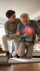 Fototapeta premium Young man helping senior man suffering from sudden heart attack. Elderly patient clutching chest with visual medical pain symptom. Healthcare emergency, cardiology and first aid concept.