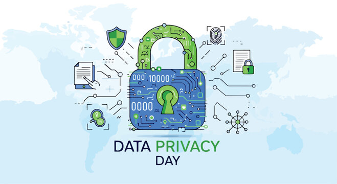 A large blue and green padlock on a world map background