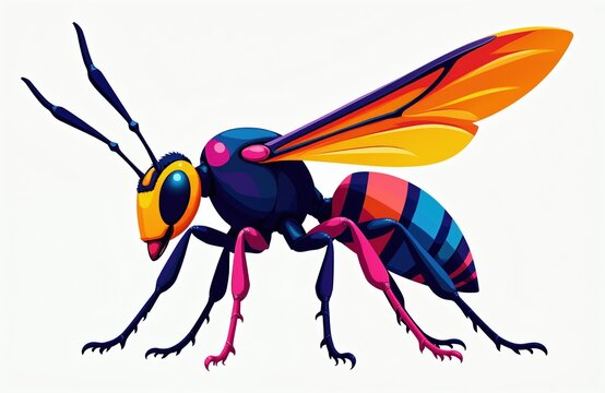Colorful insect illustration with abstract design. Vibrant wings and striped body. Art style for nature science or creative projects. Abstract bug with bright colors and bold lines.