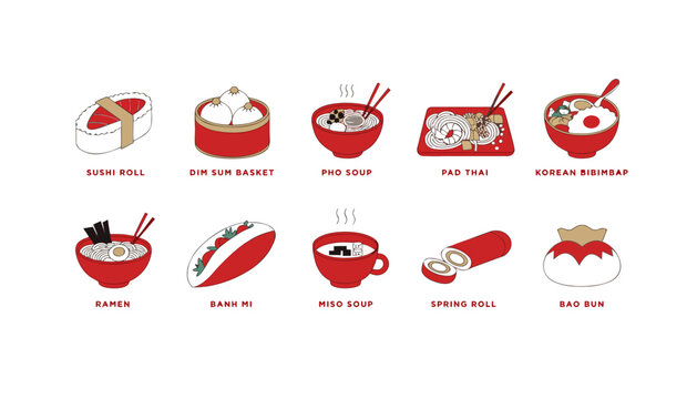 Asian cuisine vector icons featuring sushi dim sum pho pad thai