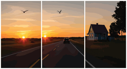 A triptych illustration of a serene road journey at sunset © Itachi
