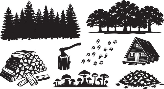Detailed black and white vector illustration set featuring collection of forest elements including pine trees oak trees wooden cabin stack of firewood axe in stump animal tracks and wild mushrooms