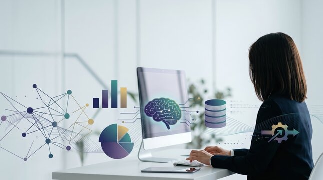 Woman working at computer with artificial intelligence brain graphic and data analytics charts, machine learning and neural network concept for big data processing and digital