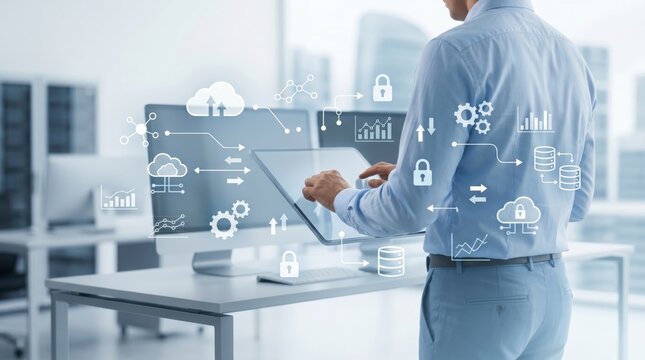 Businessman working on laptop with digital interface, cloud computing icons, data security lock symbols, network connection graphics in modern office environment