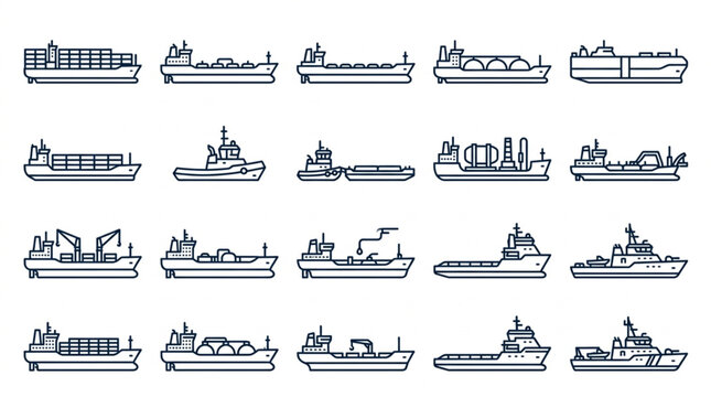 Detailed collection of diverse ships and vessels including cargo freighters tankers sailboats yachts fishing boats ferries and naval warships in a colorful illustrative style