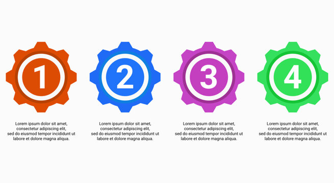 Colorful gear infographic template with four numbered steps for a business process or workflow.