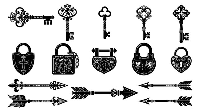 Vintage ornate keys padlocks and heraldic arrows in silhouette