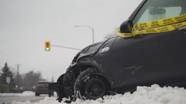Damaged car at winter road intersection marked with police caution tape during snowy day.