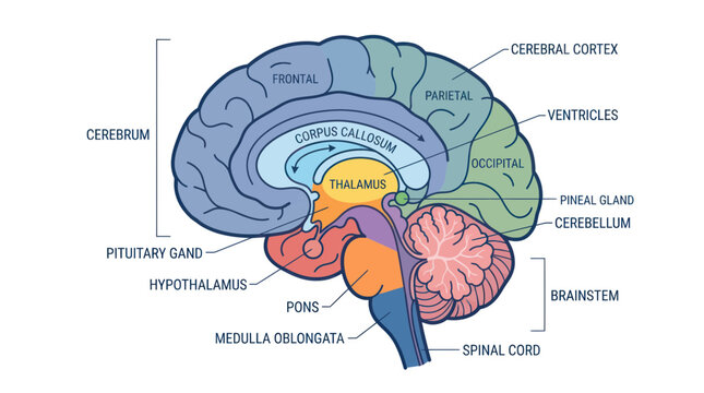 Anatomical cross section of the human brain with detailed labels