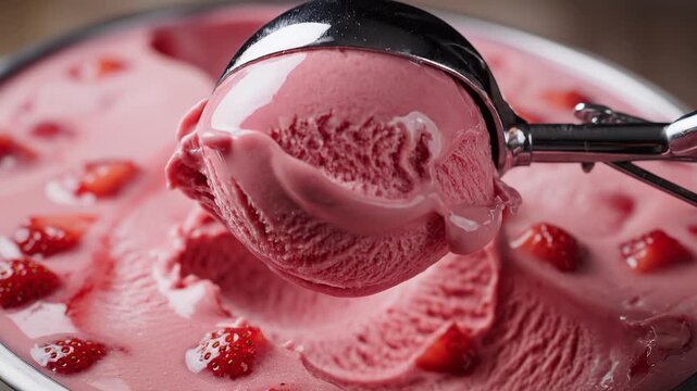 Stainless steel scoop taking a ball of strawberry ice cream