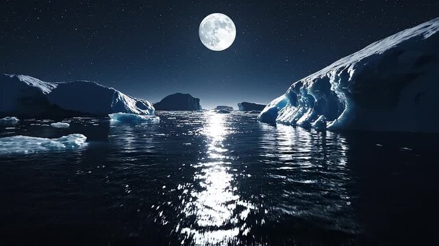 Full moon reflecting on frozen ocean water at night
