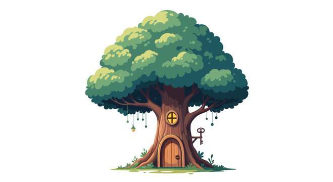 Enchanting treehouse built into the trunk of a massive oak tree with a small wooden door and window in a forest setting.
