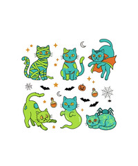 Fototapeta premium Halloween cat sticker set with spooky characters, cute monster kittens in costumes, green and teal cartoon cat illustrations for autumn decor