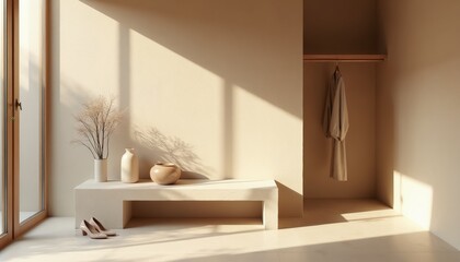 Fototapeta premium Minimalist interior with sunlight casting shadows. Dry plant in vase and pottery decor on shelf. Soft neutral colors create calm mood. Neutral bedroom with clothing on hanger.