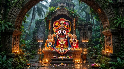 Obraz premium Lord Jagannath idol inside an abandoned jungle temple