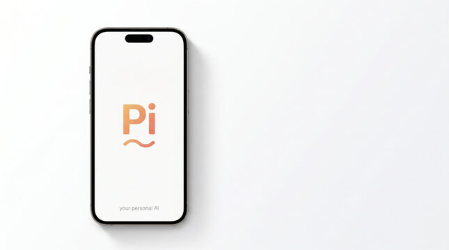 Minimalist smartphone mockup isolated on white background with the Pi your personal AI application logo on the screen. Professional mobile phone display for artificial intelligence technology.