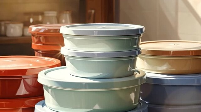 Various food storage containers are neatly stacked on a countertop