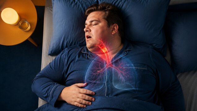 Man with sleep apnea sleeping in bed with glowing digital lungs overlay. Medical visualization highlighting breathing difficulty and throat obstruction. Respiratory health diagnostic concept.