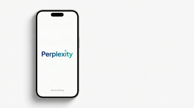 Smartphone screen displaying the Perplexity AI logo and search interface on a clean white background. Minimalist technology mockup for artificial intelligence and web search engine applications.