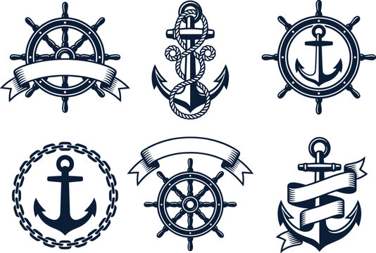 Nautical Anchor and Ship Wheel Logo Collection Maritime Vector Illustration
