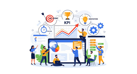 Fototapeta premium Business Team Analyzing KPI Data on Screen with Growth Chart and Goals
