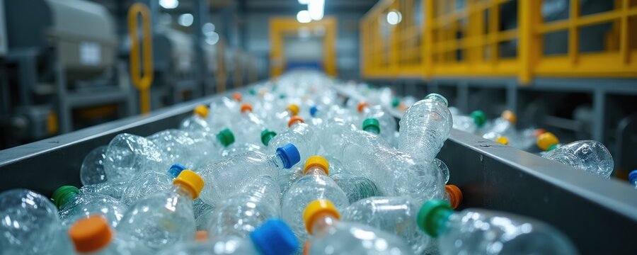 Plastic bottles on conveyor belt in recycling plant. Bottles move through factory machinery for waste processing. Material renewal concept for reuse.