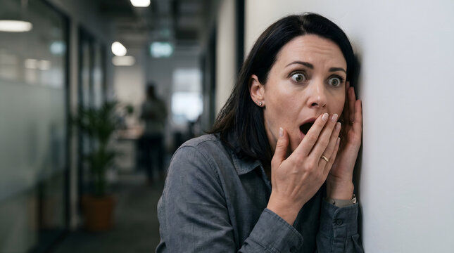 Surprised woman in office attire eavesdropping at the wall with a shocked expression and hand over her mouth while hearing secrets.