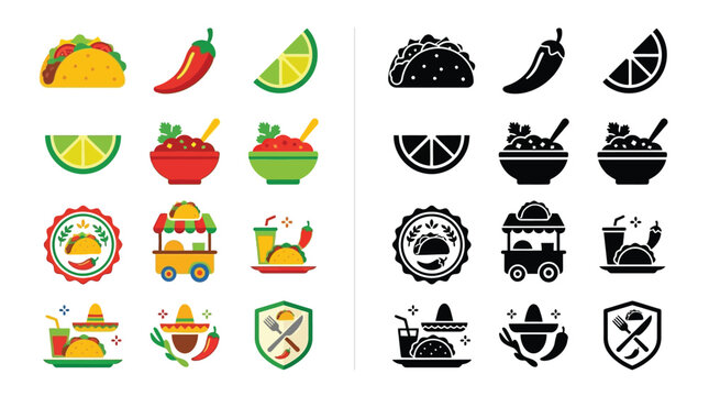 Collection of Mexican food icons in flat and silhouette styles, featuring tacos, chili peppers, limes, and salsa.