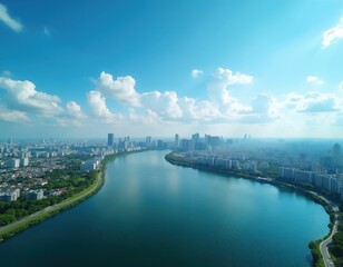 Naklejka premium Aerial view shows wide river flowing through modern city. Tall buildings line riverbanks with green parks. Bright blue sky above with scattered white clouds.