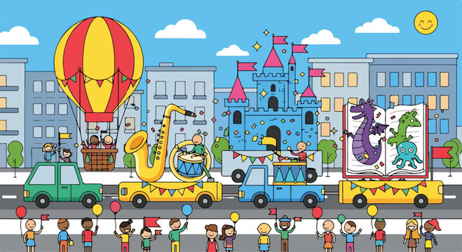 A whimsical parade scene with vibrant floats and joyful crowd