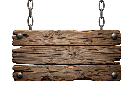 Rustic wooden sign board hanging on metal chains isolated on transparent background for vintage signage