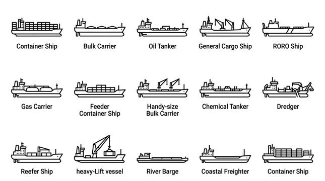Detailed of multiple types of cargo ships including container tanker bulk carrier and general cargo vessels on the ocean