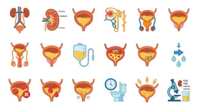 Urinary system and kidney health medical icon set