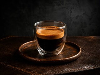 Fototapeta premium Espresso in double-walled glass cup on dark textured surface