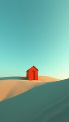 Fototapeta premium Bright red tiny house stands on sand dunes under clear blue sky. Minimalist structure offers quiet solitude. Warm sun illuminates sandy hills. Clean minimalist design.