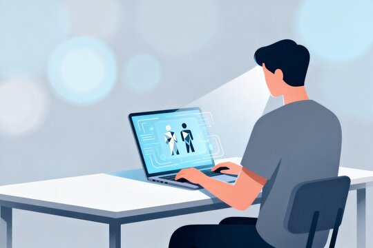 Man using laptop computer at white desk table