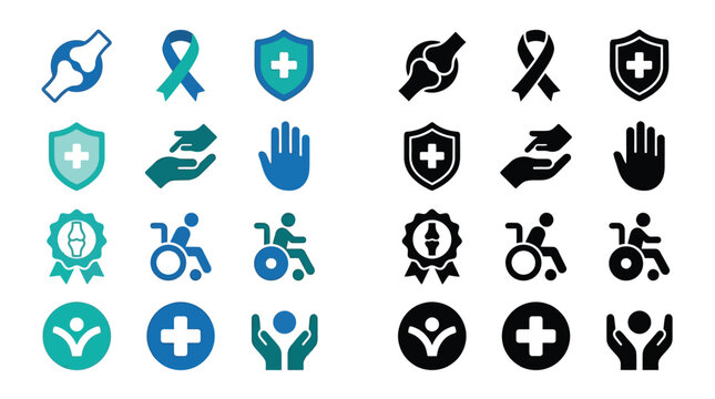 Set of medical icons representing healthcare, support, and accessibility in both color and black and white versions.