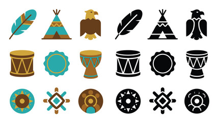 Collection of Native American tribal symbols and icons including feathers, teepees, eagles, and drums in flat design style. © Feldway