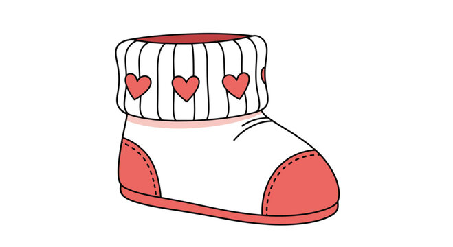 Cute white and red baby bootie featuring a knitted cuff decorated with small red hearts on a plain white background.